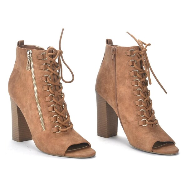 Guess GBG Brown Ankle Boot Bootie Tie Up side Zip Block Heel Peep Toe Sz 8 - Picture 5 of 7